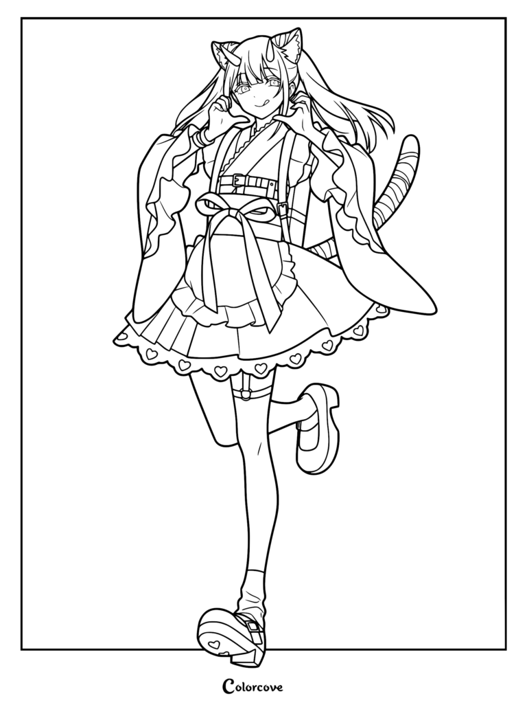Detailed coloring page of Iroha Sakayori in her Tsukuyomi avatar form, featuring animal ears, small horns, and a striped tail in a layered apron outfit.