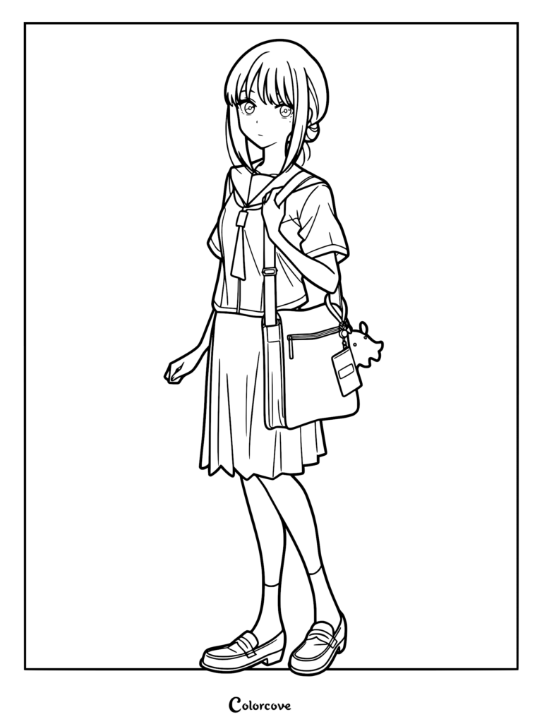A detailed anime line art coloring page of Iroha Sakayori from Cosmic Princess Kaguya! wearing her traditional Japanese seifuku high school uniform and carrying a messenger bag with a small pig charm.