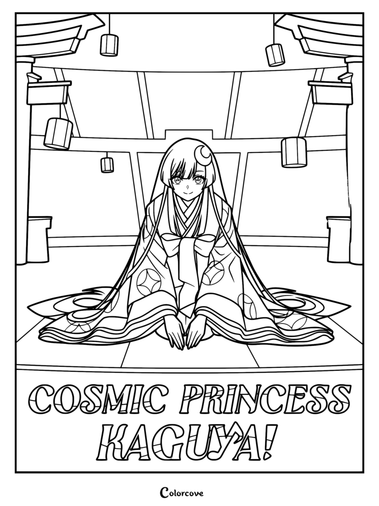 Detailed anime line art coloring page of Kaguya bowing formally in a traditional shrine with hanging lanterns and celestial robes.