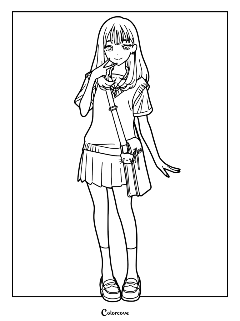 A detailed line art coloring page of Ayatsumugi Roka wearing a Japanese school uniform and making a peace sign.