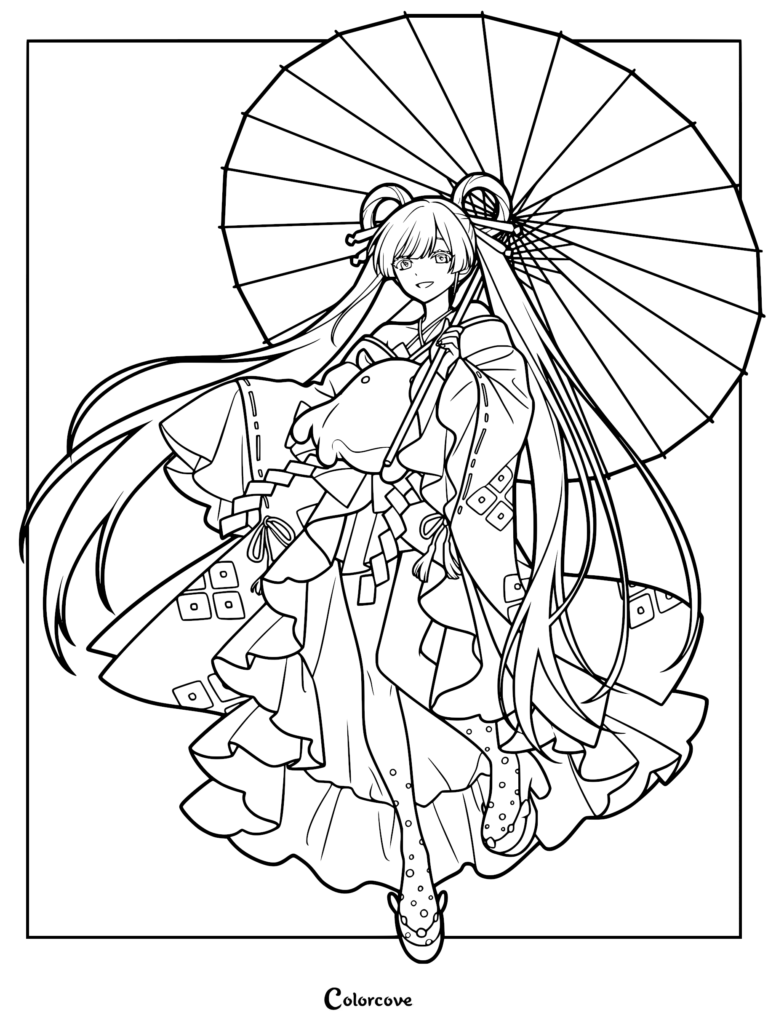 A detailed anime coloring page of Yachiyo Runami from Cosmic Princess Kaguya, featuring her long flowing hair, a large traditional Japanese umbrella, and an intricate tiered ruffled gown with celestial patterns.