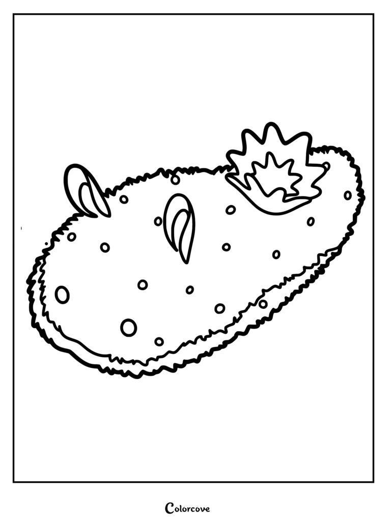 A detailed coloring page of Fushi in his primordial sea slug form from Cosmic Princess Kaguya!, showing a spotted, oval-shaped bioluminescent body with two antennas and a star-shaped gill.