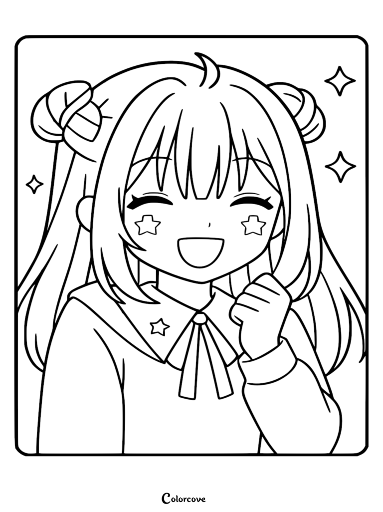 Line art coloring page of teenage Kaguya from Cosmic Princess Kaguya! laughing with closed eyes, star-shaped cheek decals, and celestial backgrounds.
