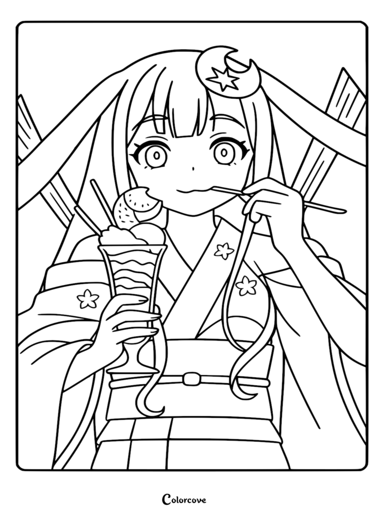 A detailed coloring page of Princess Kaguya from Cosmic Princess Kaguya! wearing a star-patterned kimono and a crescent moon hair clip while eating a large ice cream parfait with a spoon.