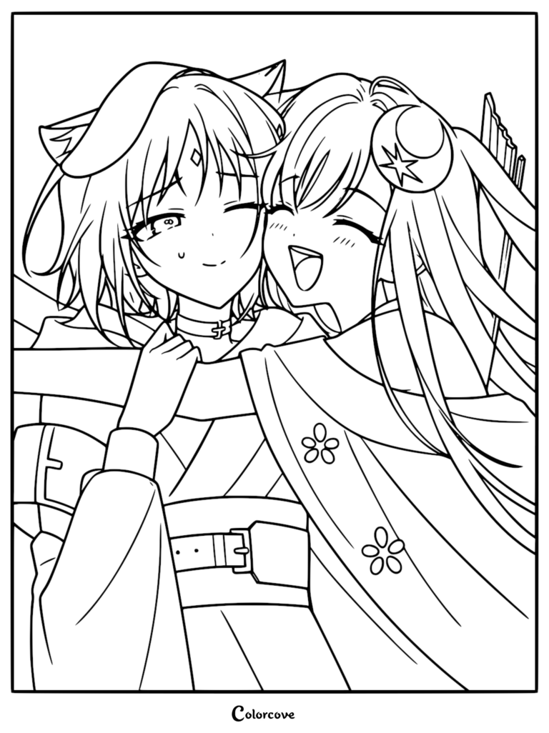 Character coloring page of Iroha Sakayori in her fox-eared virtual avatar being hugged by Kaguya in her Moon Pop Star outfit. Kaguya has a celestial moon and star hair accessory and flowing robes with small floral patterns.