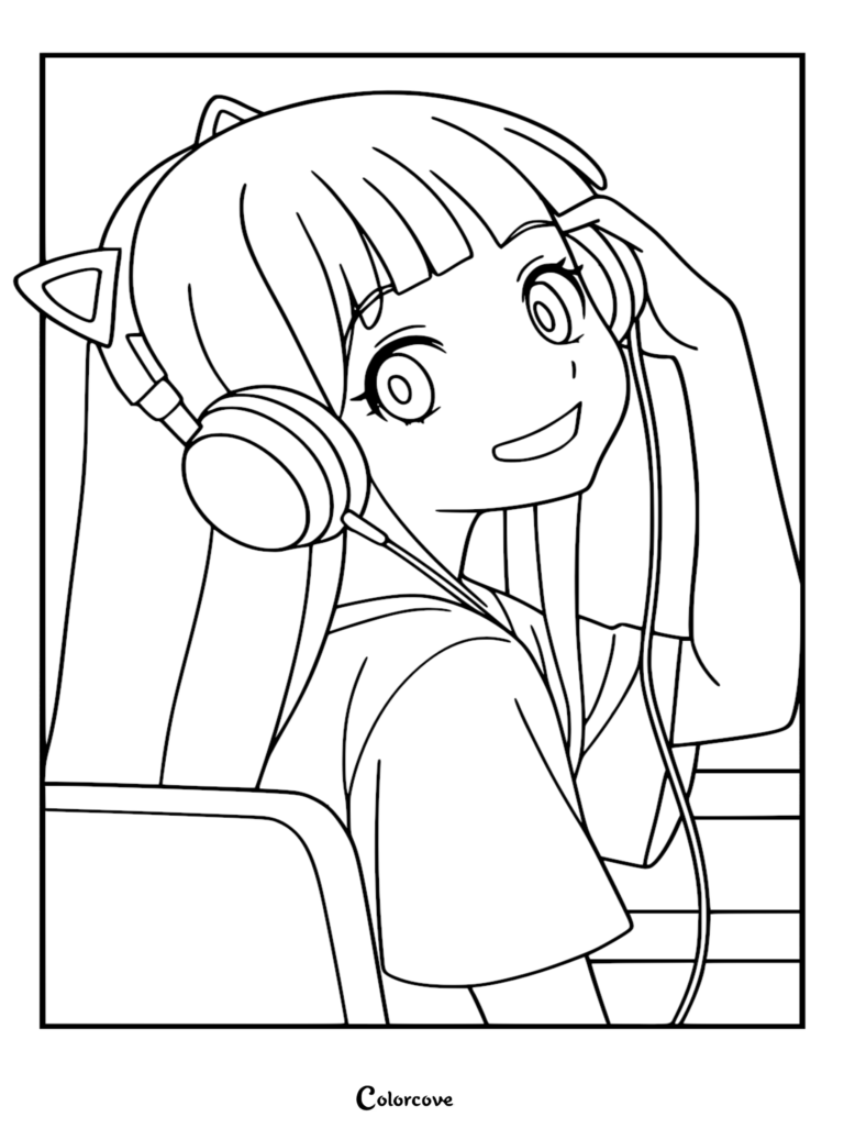 Detailed line art coloring page of Kaguya from Cosmic Princess Kaguya in her teenage form, wearing large cat-ear headphones and a casual t-shirt while smiling.