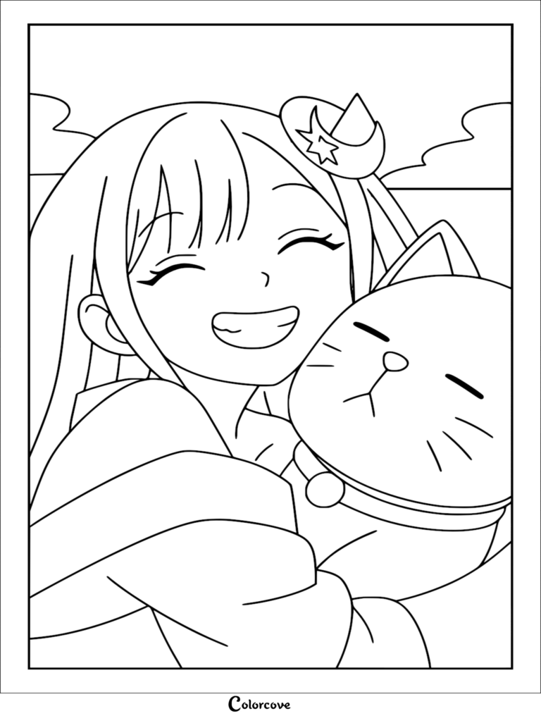 A detailed anime coloring page featuring teenage Kaguya with a moon and star hair accessory, smiling as she hugs the round virtual dog InuDOGE who wears a bell collar.