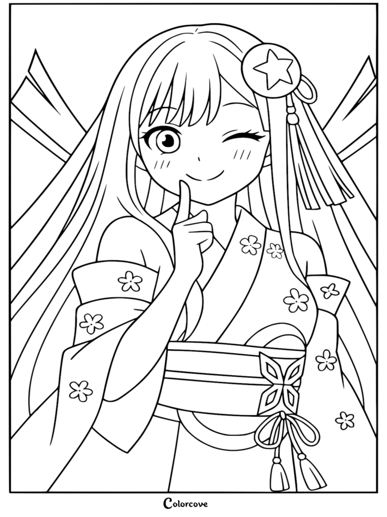 A detailed anime line art coloring page of Cosmic Princess Kaguya winking, featuring her long flowing hair, a star hair clip, and a floral kimono.