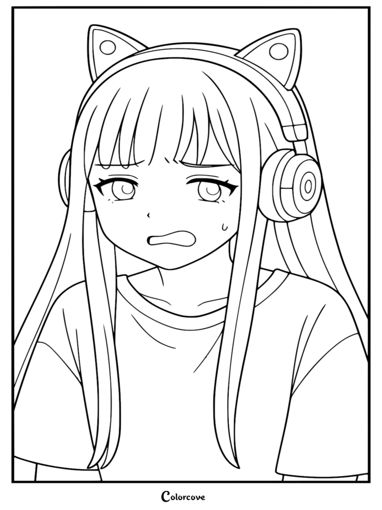 Detailed anime line art coloring page of teenage Kaguya from Cosmic Princess Kaguya! wearing cat-ear headphones. She has an anxious expression with a comical sweat drop, long straight hair with bangs, and an oversized t-shirt.