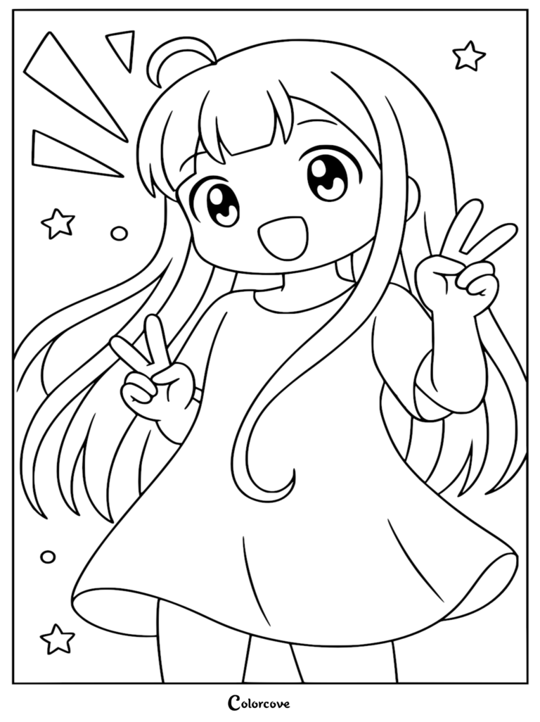 A printable coloring page of Kaguya in her human form, featuring her long dark hair, large eyes, and double peace sign pose.