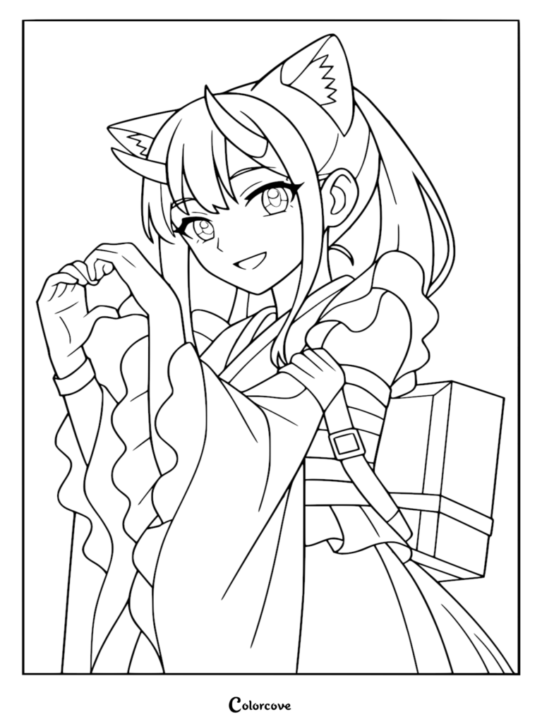 A detailed anime coloring page of Iroha Sakayori in her Tsukuyomi metaverse avatar form, featuring fox ears and making a heart shape with her hands while wearing a tactical backpack and ruffled sleeves.