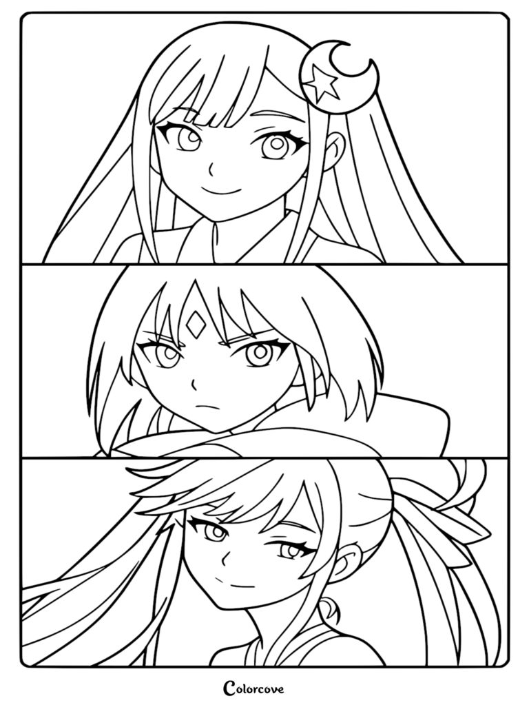 Detailed anime line art coloring page featuring Yachiyo Runami, Kaguya, and Iroha Sakayori across three horizontal manga panels.