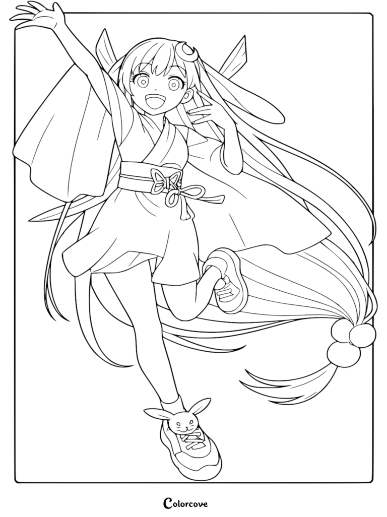 A detailed line art coloring page of Kaguya as her Tsukuyomi Moon Pop Star avatar featuring rabbit ears, long flowing hair, a kimono stage outfit, and rabbit sneakers.