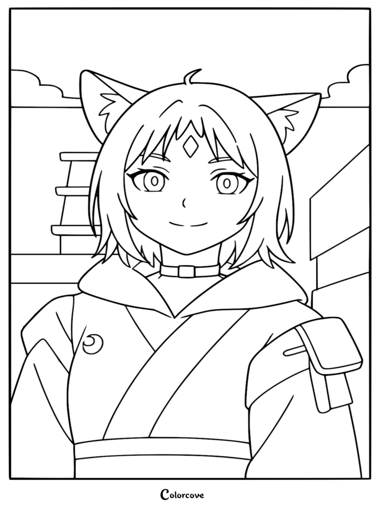 Detailed coloring page featuring Iroha Sakayori's fox-girl virtual avatar from Cosmic Princess Kaguya with pointed ears, forehead gem, and tactical gear.