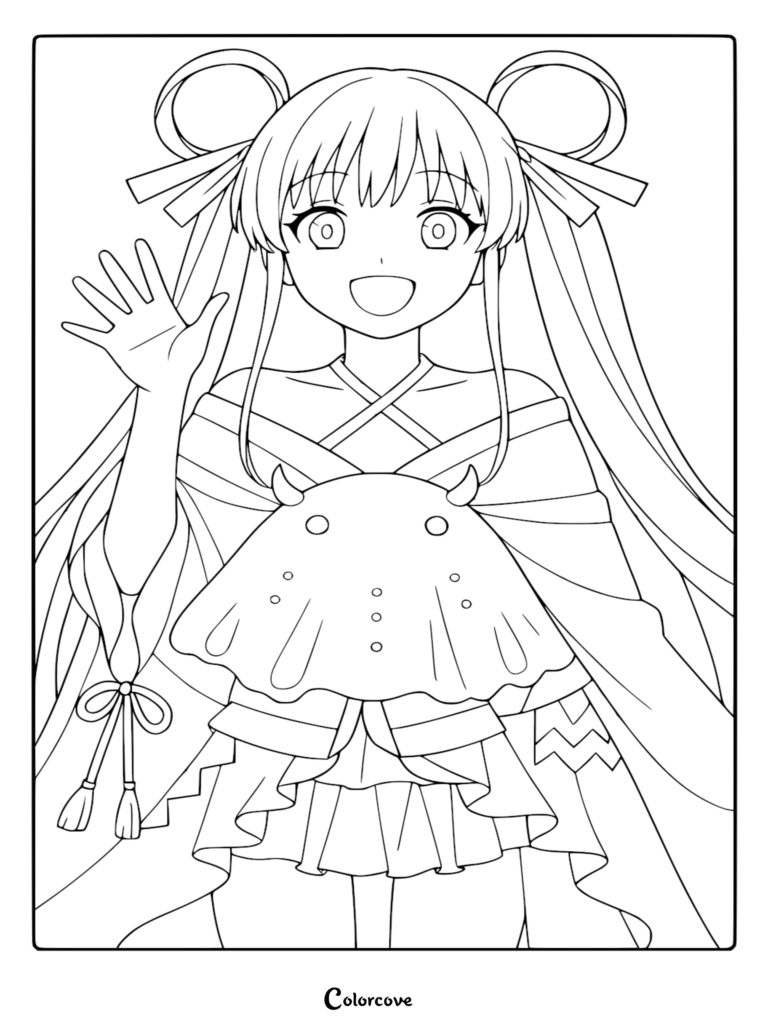 Detailed line art coloring page of Kaguya with looped hair and ribbons, waving while holding the bioluminescent sea slug form of Fushi.