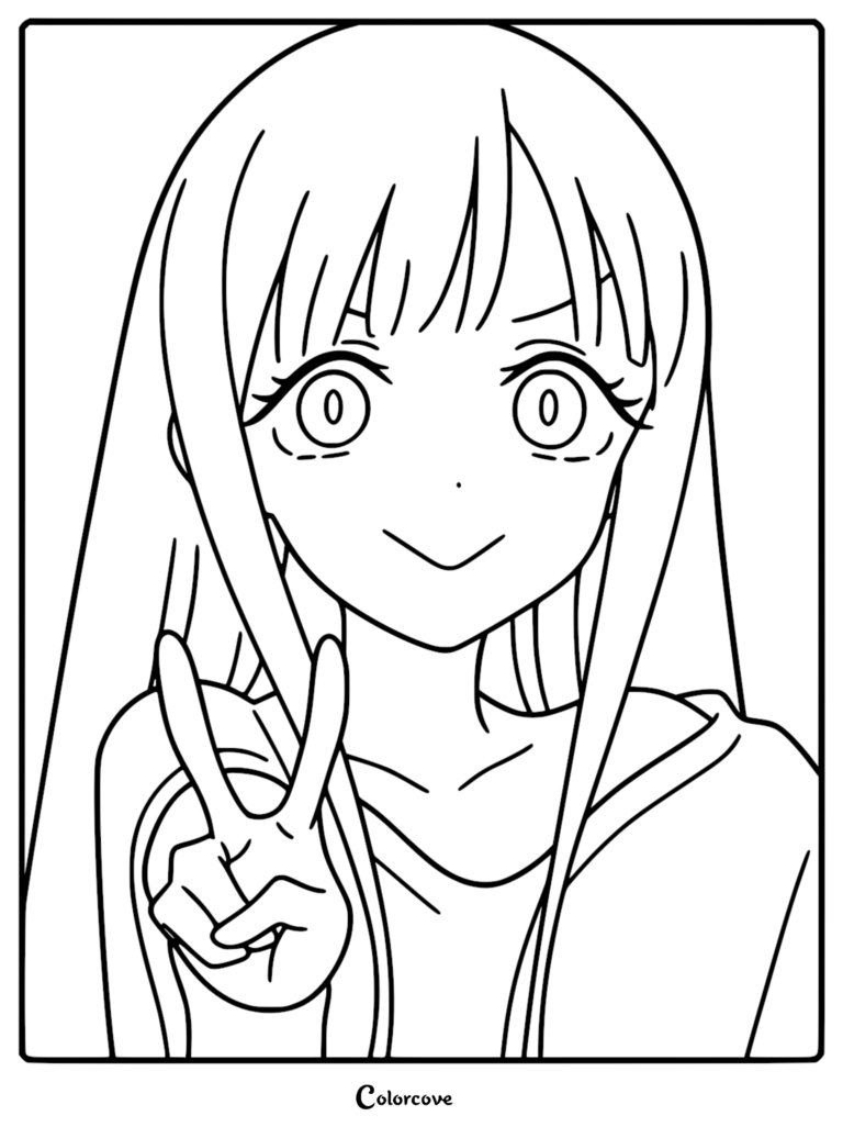 Detailed anime line art coloring page of Kaguya in her teenage human form from Cosmic Princess Kaguya, showing her making a peace sign and wearing a casual hoodie with large expressive eyes.
