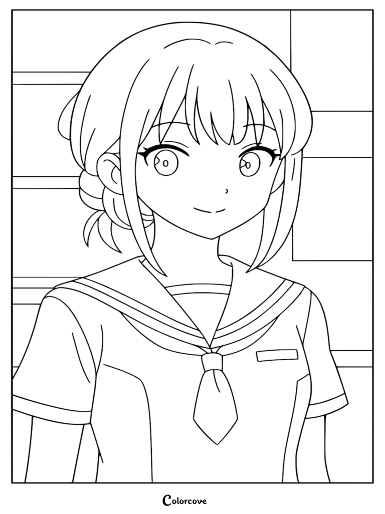 A detailed anime line art coloring page of Iroha Sakayori from Cosmic Princess Kaguya, featuring her in a traditional Japanese seifuku school uniform with a necktie and shoulder-length hair.
