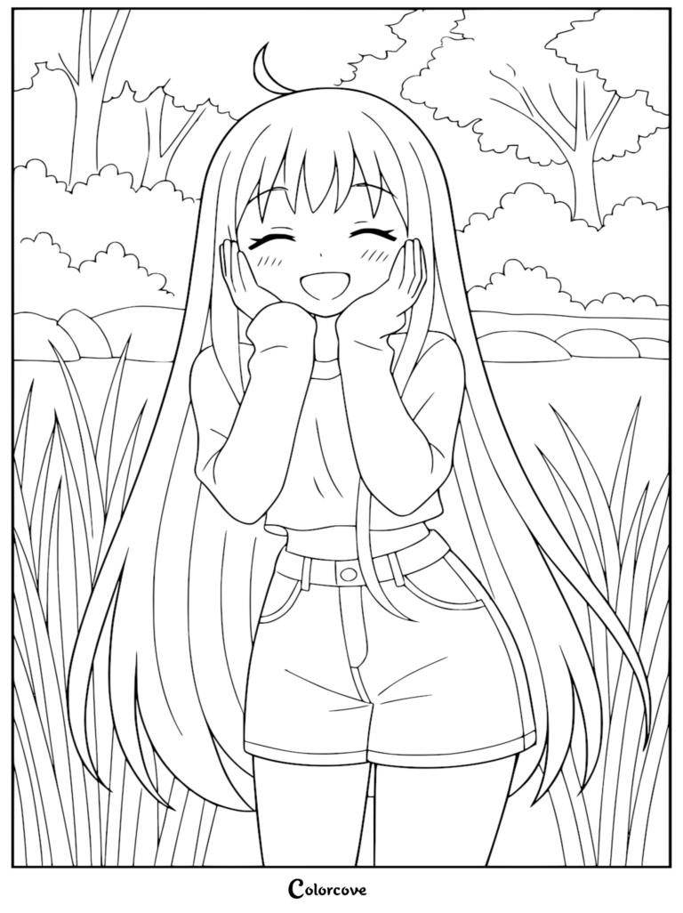 Detailed anime coloring page of teenage Kaguya from Cosmic Princess Kaguya, featuring her long hair and casual streetwear outfit as she smiles joyfully with hands on her cheeks in a grassy forest setting.