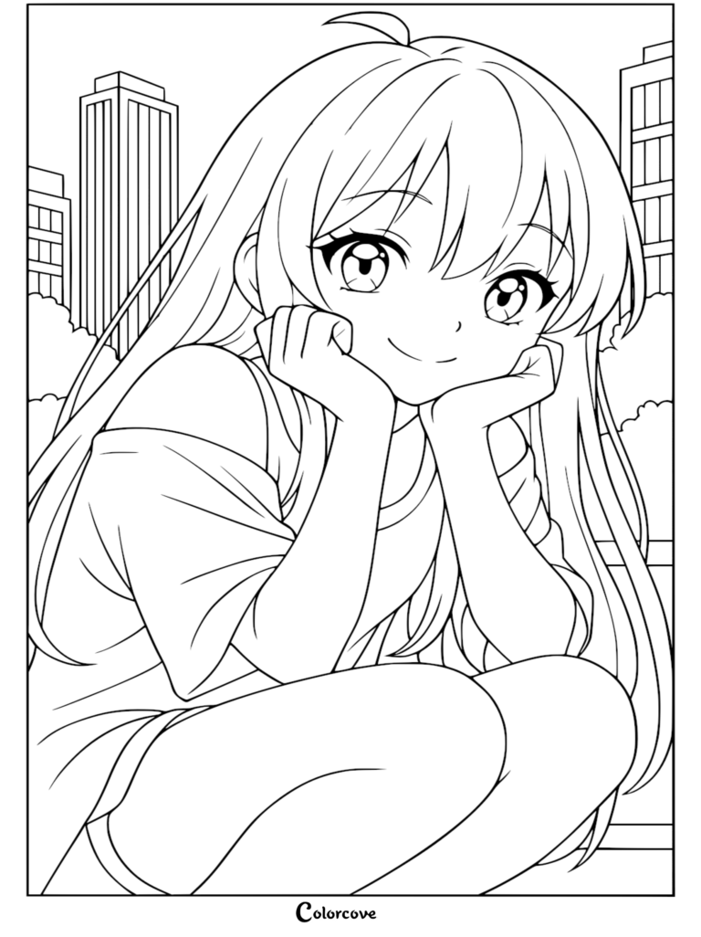 Detailed anime line art coloring page of Kaguya in her teenage human form resting her chin on her hands with city skyscrapers in the background.