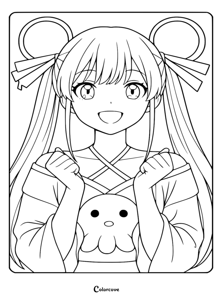 Anime line art coloring page of Kaguya in her Moon Pop Star avatar, featuring circular hair loops and ribbons, holding Fushi in his bioluminescent sea slug form.