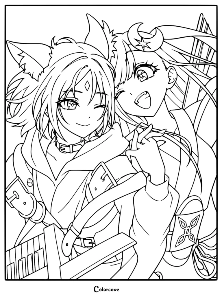 Detailed anime coloring page featuring Iroha Sakayori in her fox-eared cyber avatar and Kaguya in her lunar idol form, both winking and smiling together in high-tech digital outfits with intricate buckles, collars, and a crescent moon headpiece.