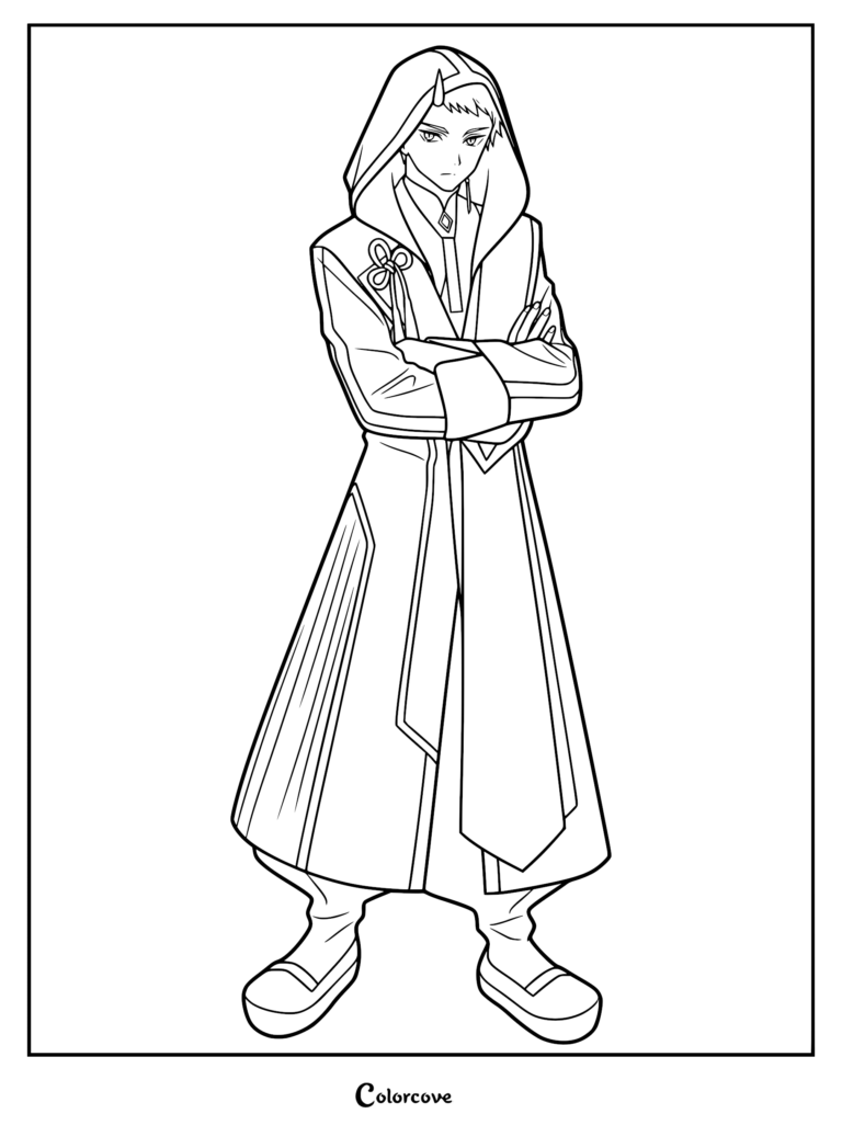Line art coloring page of Komazawa Rai as his Tsukuyomi battle avatar, featuring a hooded tech-wear cloak, ornamental knots, and a stern expression with crossed arms.