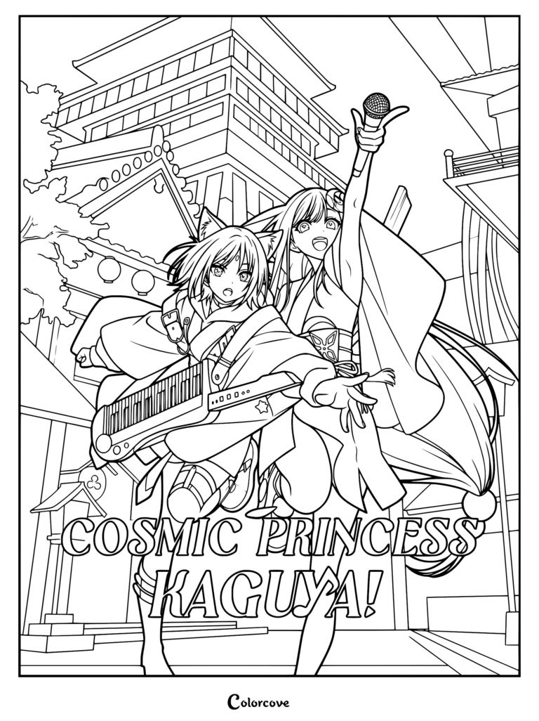 Detailed line art coloring page of Kaguya in her Moon Pop Star avatar with rabbit ears singing into a microphone beside Iroha Sakayori in her fox-eared virtual form playing a keytar weapon in a Tsukuyomi temple district.