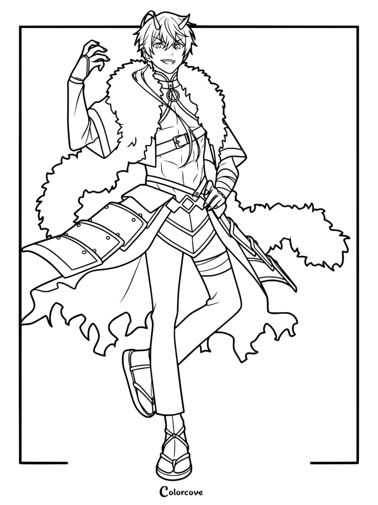 An intricate coloring page of Akira Mikado from Cosmic Princess Kaguya in his Tsukuyomi battle avatar, featuring demonic horns, a thick fur mantle, segmented armor plates, and a tattered cloak.