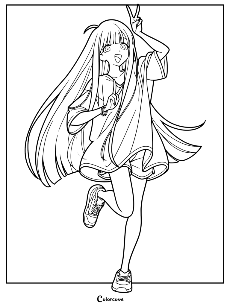 A detailed anime coloring page of teenage Kaguya from Cosmic Princess Kaguya wearing an oversized shirt and sneakers while posing with a peace sign.