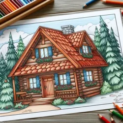 Rustic cabin coloring page with detailed log house and pine trees, perfect for creative coloring enthusiasts.