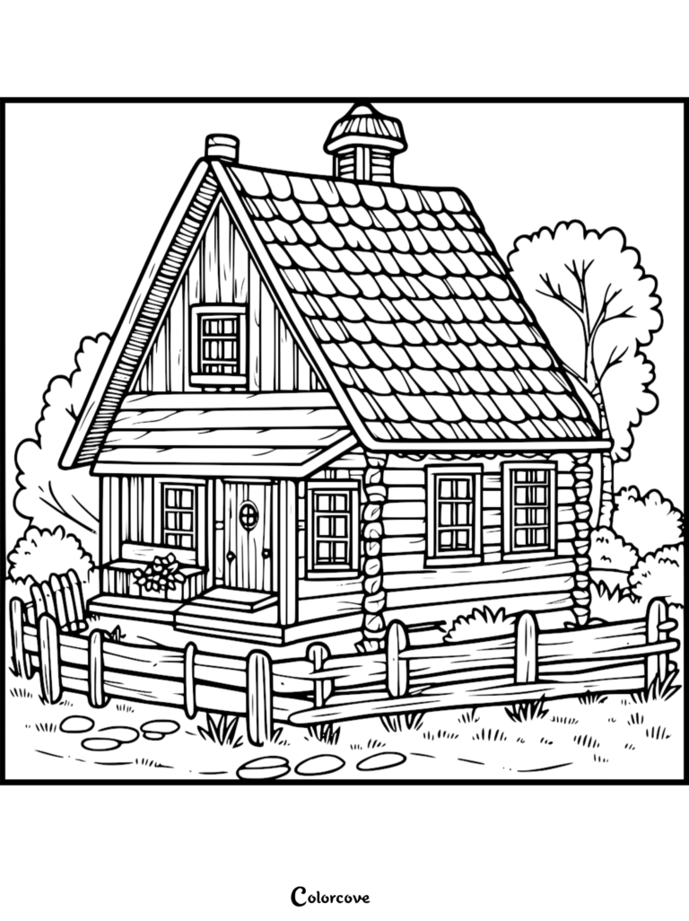 A printable cozy cottage coloring page featuring a rustic log cabin with a shingled roof, picket fence, and surrounding trees.