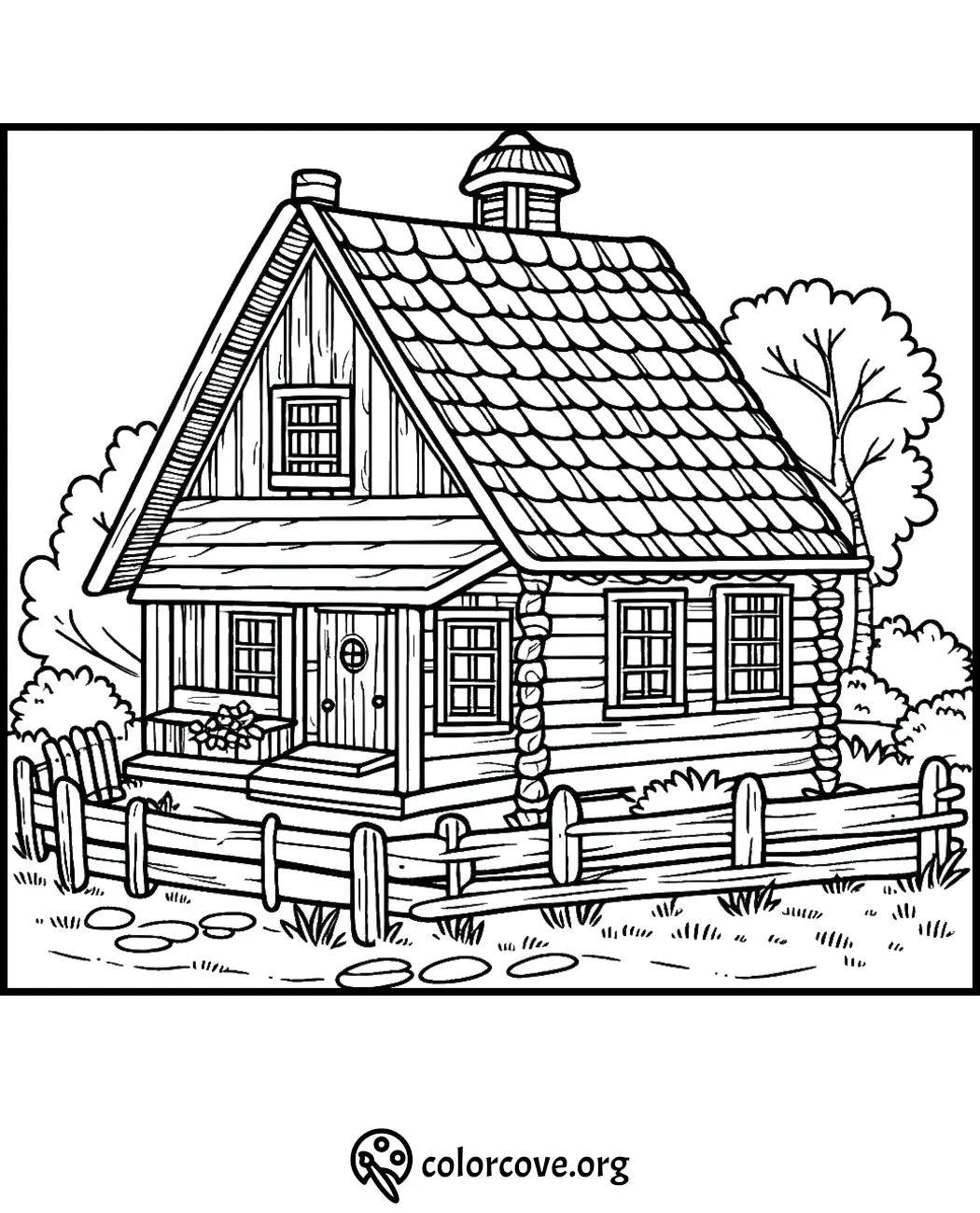 Charming log cabin coloring page with wooden fence and trees, perfect for kids and adults to relax and enjoy creative time.