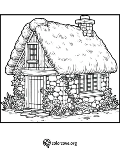 Coloring page of a cozy stone cottage with a thatched roof, surrounded by plants, ideal for creative relaxation.
