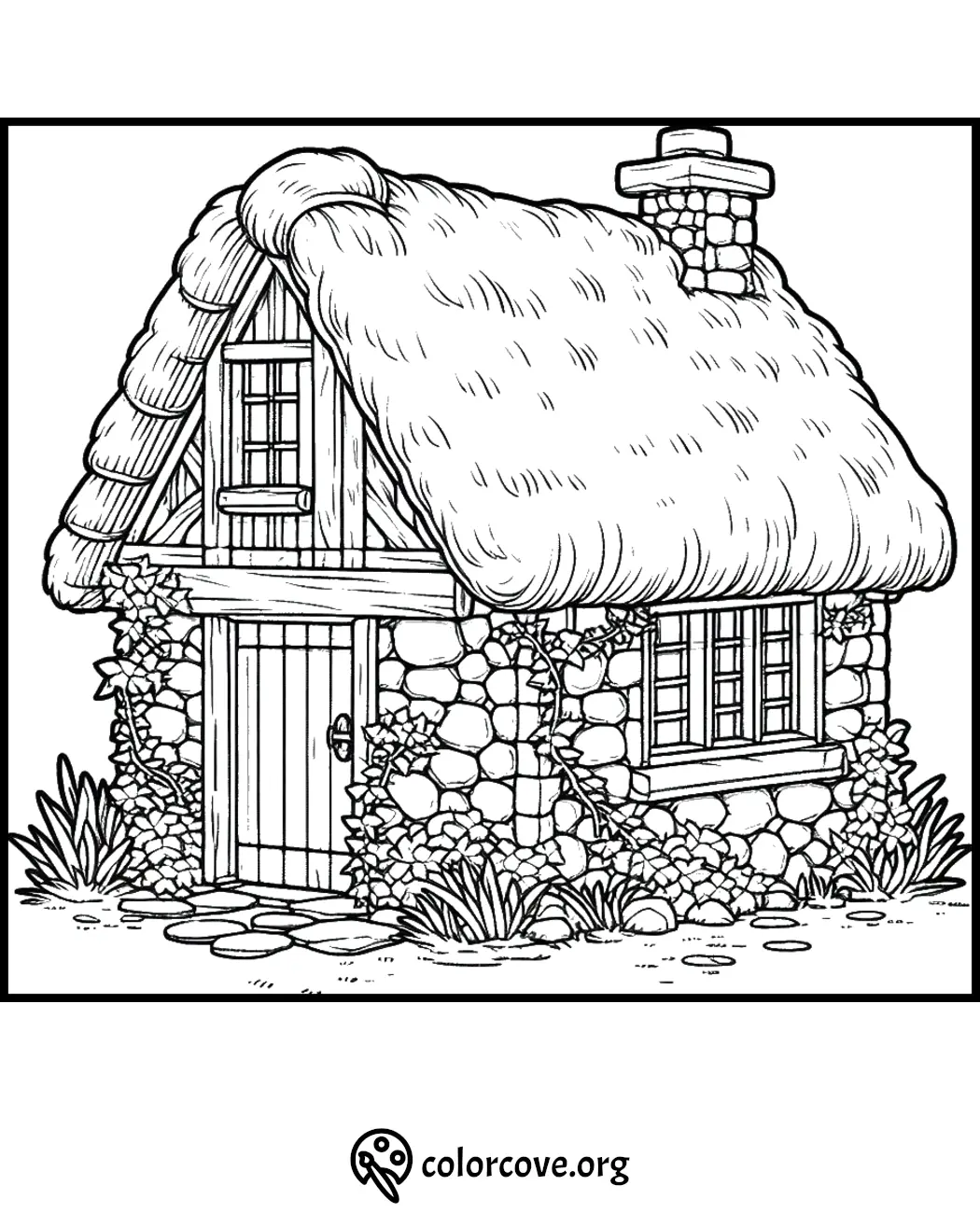 Coloring page of a cozy stone cottage with a thatched roof, surrounded by plants, ideal for creative relaxation.