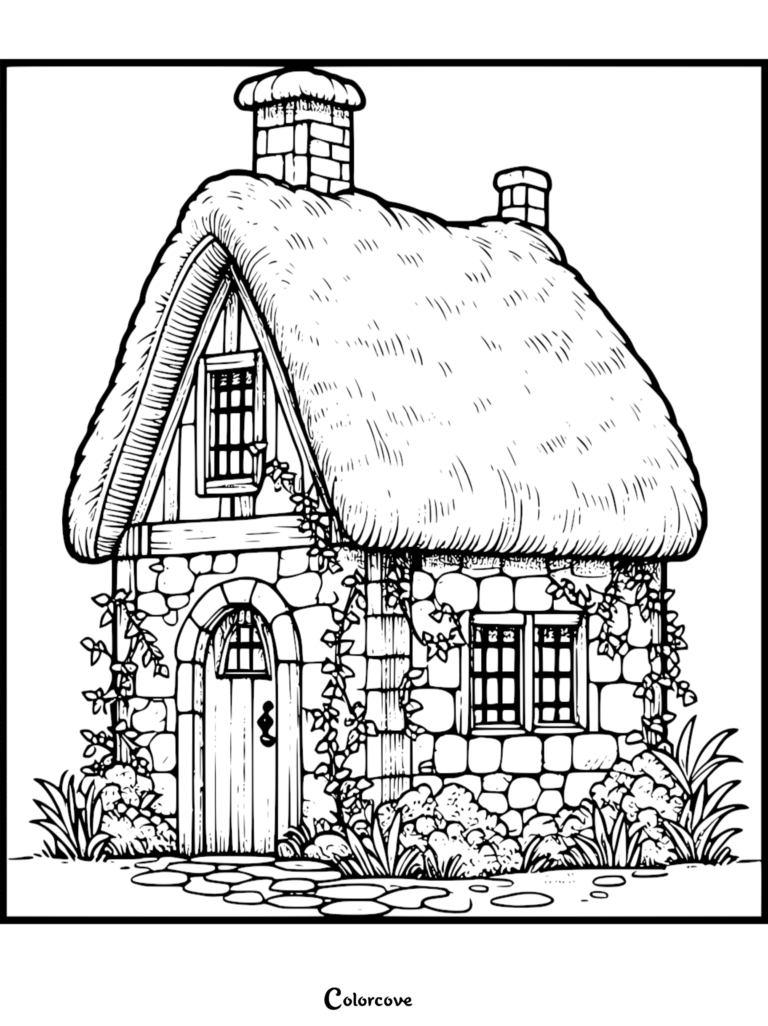 A detailed cozy cottage coloring page featuring a stone house with a thatched roof, arched doorway, and climbing vines.