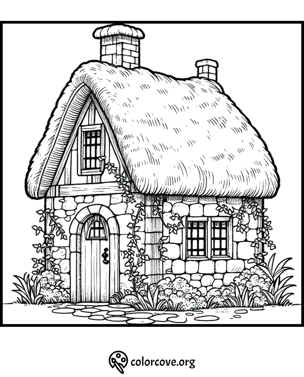 Charming cottage coloring page with thatched roof and climbing vines. Perfect for creative coloring enthusiasts.