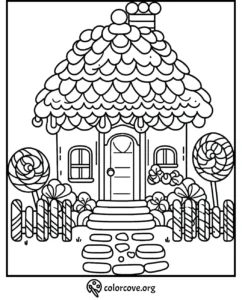 Candy house coloring page with lollipop trees and sweet-themed design for kids to color and enjoy creative fun.