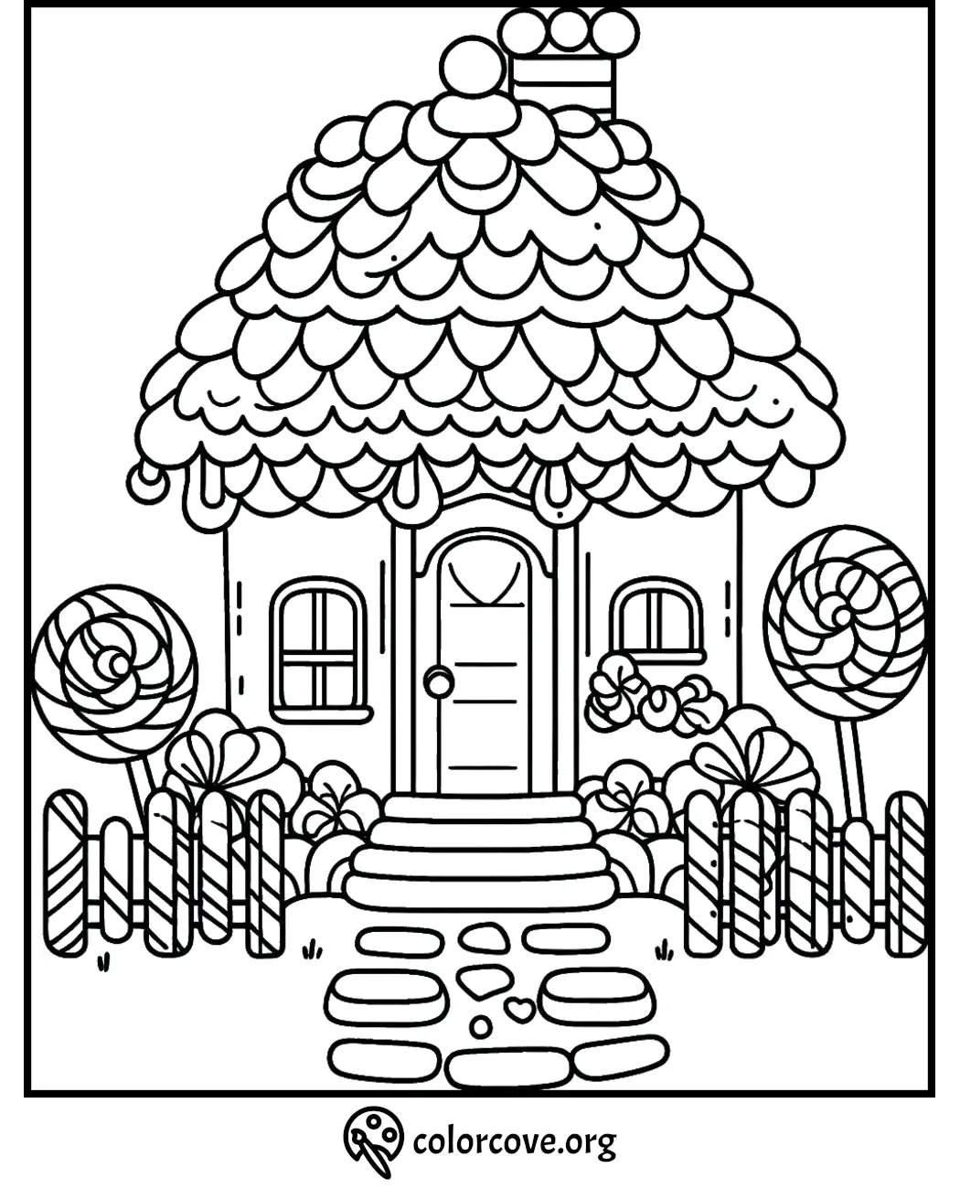 Candy house coloring page with lollipop trees and sweet-themed design for kids to color and enjoy creative fun.