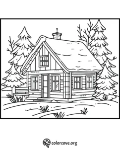 Cozy cabin in a forest coloring page with snow-covered roof and pine trees, perfect for winter themed coloring.