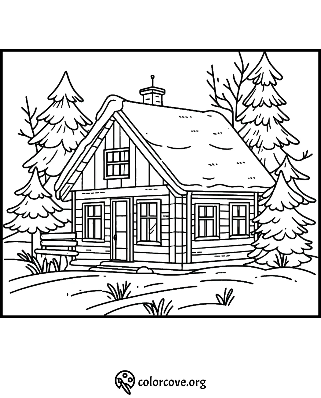 Cozy cabin in a forest coloring page with snow-covered roof and pine trees, perfect for winter themed coloring.