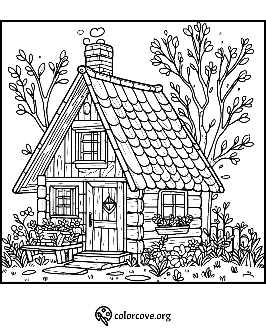 Charming cottage coloring page with garden, perfect for relaxing and creative activities.