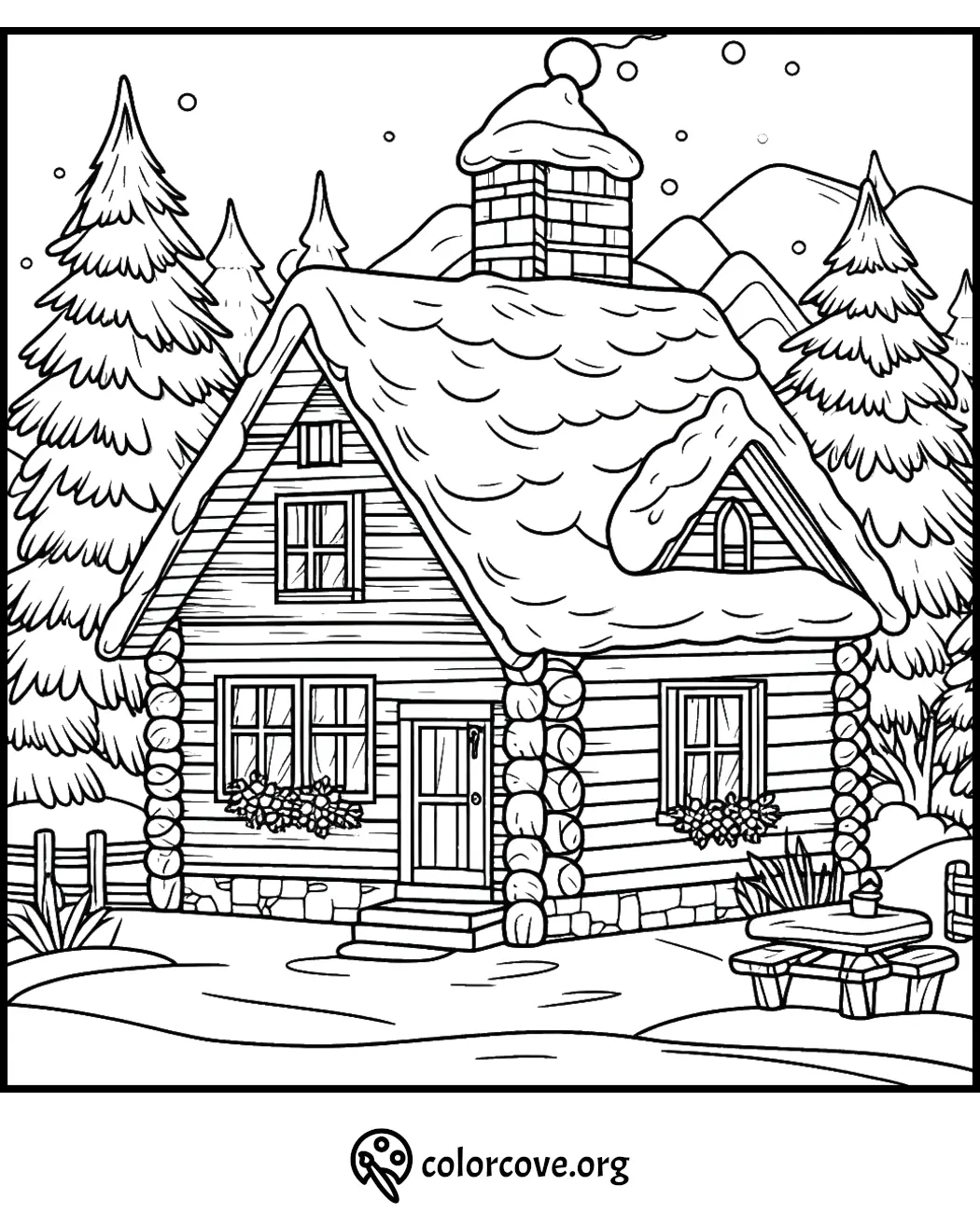 Snowy cabin in the woods coloring page with pine trees and chimney smoke, inviting winter scene for kids to color.