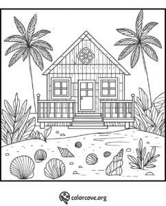 Beach house coloring page with palm trees, seashells, and ocean decor. Perfect for relaxing, creative fun!