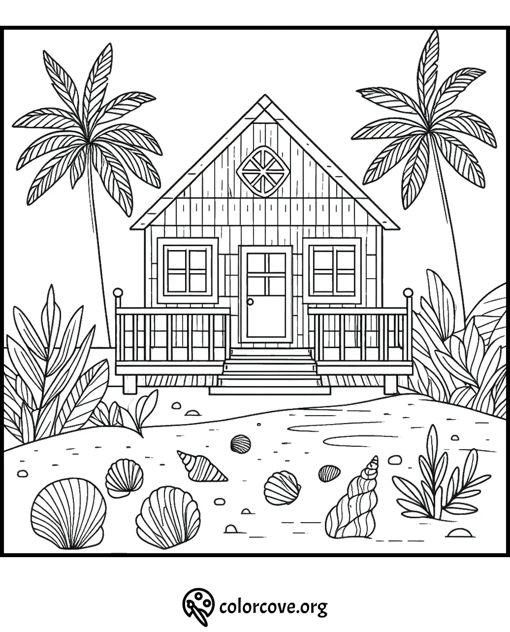 Beach house coloring page with palm trees, seashells, and ocean decor. Perfect for relaxing, creative fun!