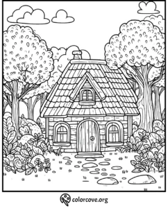 Coloring page of a charming woodland cottage surrounded by trees and plants, perfect for a relaxing creative activity.