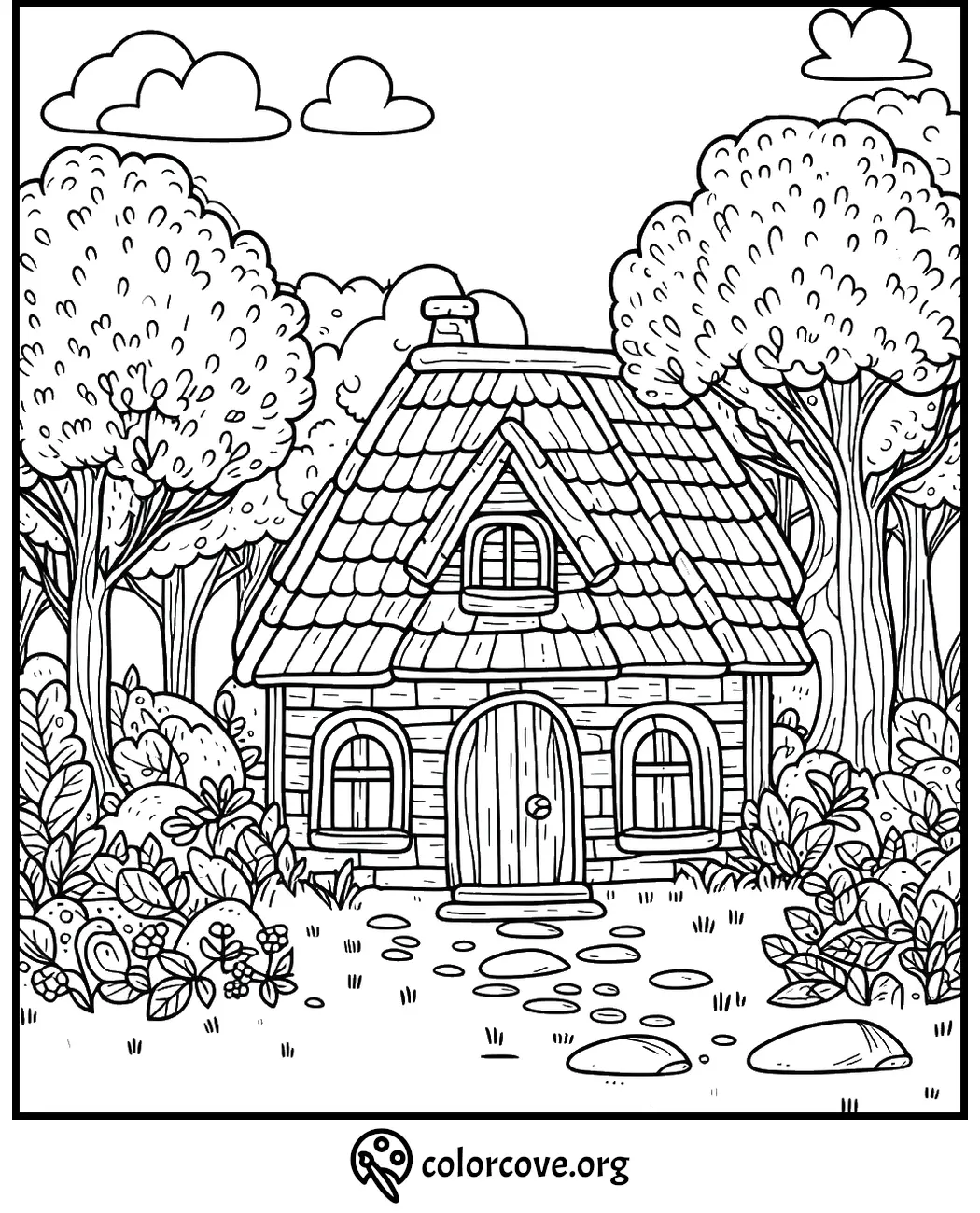 Coloring page of a charming woodland cottage surrounded by trees and plants, perfect for a relaxing creative activity.