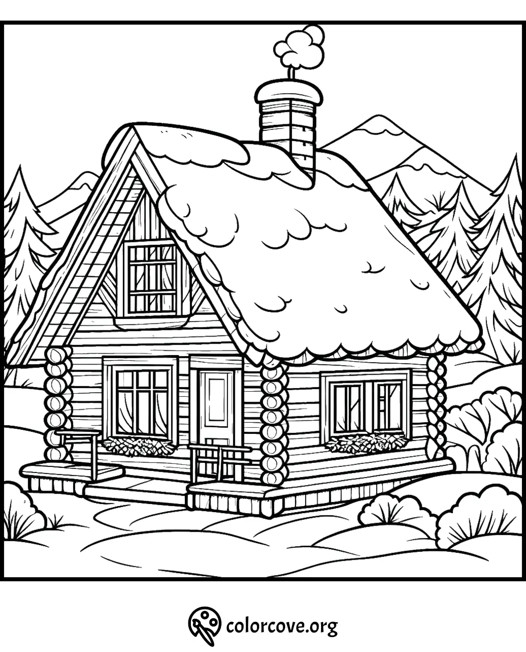 Cozy cabin in a snowy forest coloring page, featuring a log house with chimney smoke, trees, and mountains.