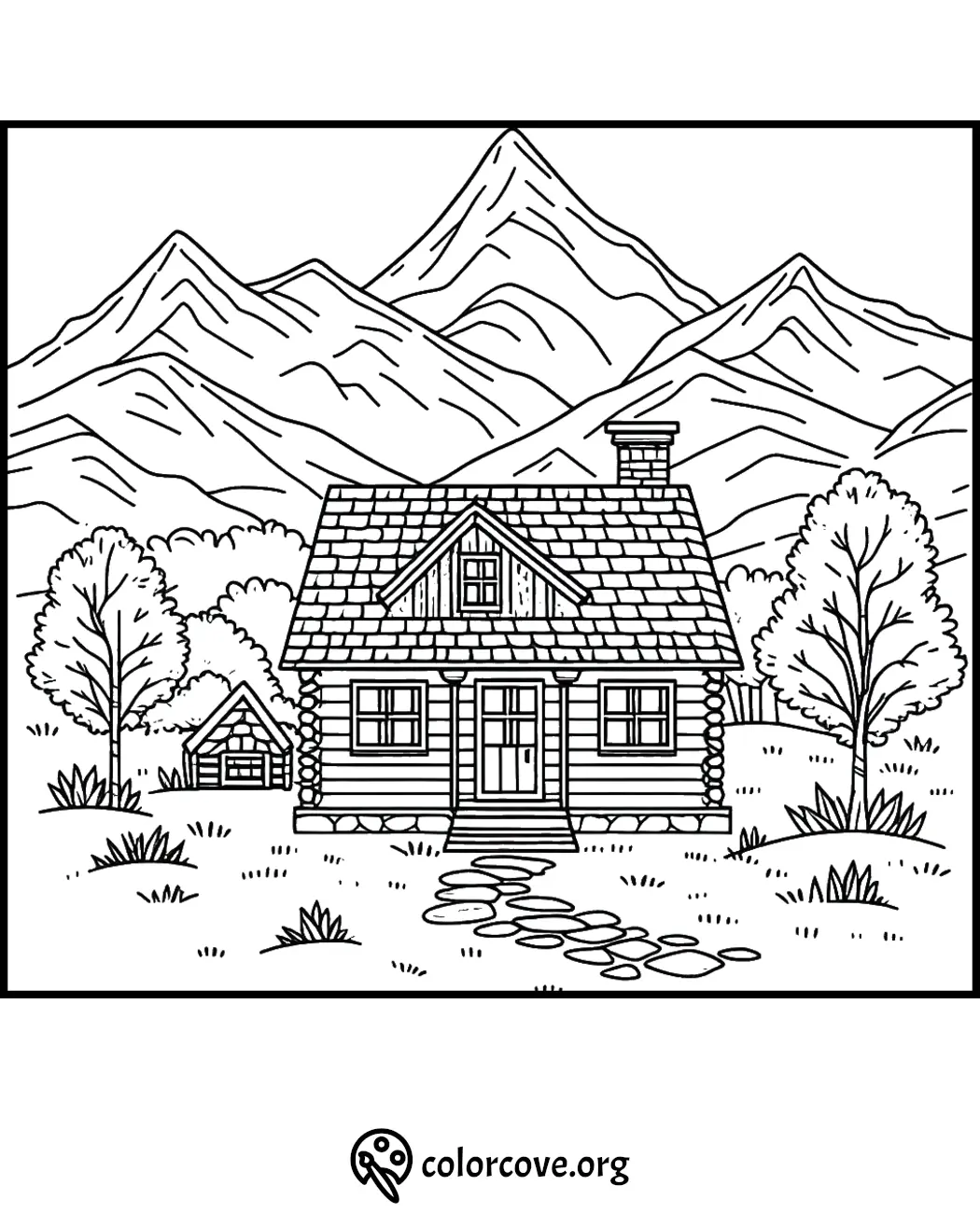 Coloring page: Rustic cabin in forest with mountains in background, perfect for nature-themed coloring activities.