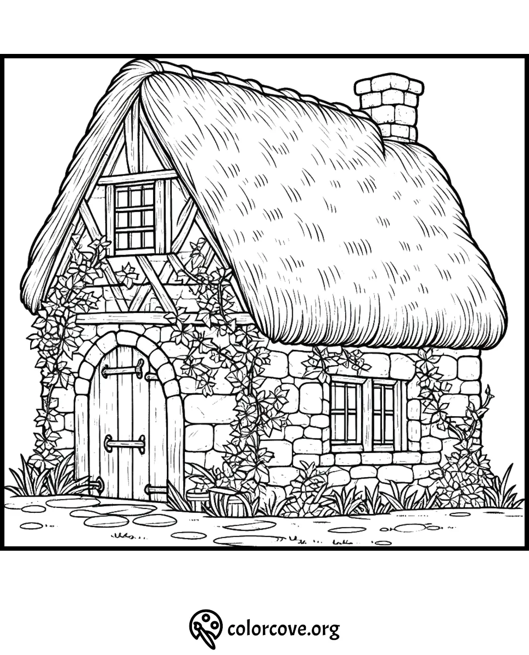 Coloring page of a quaint stone cottage with a thatched roof, surrounded by vines and greenery.