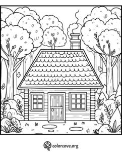Coloring page of a cozy log cabin surrounded by trees in a forest setting, ideal for creative coloring fun.